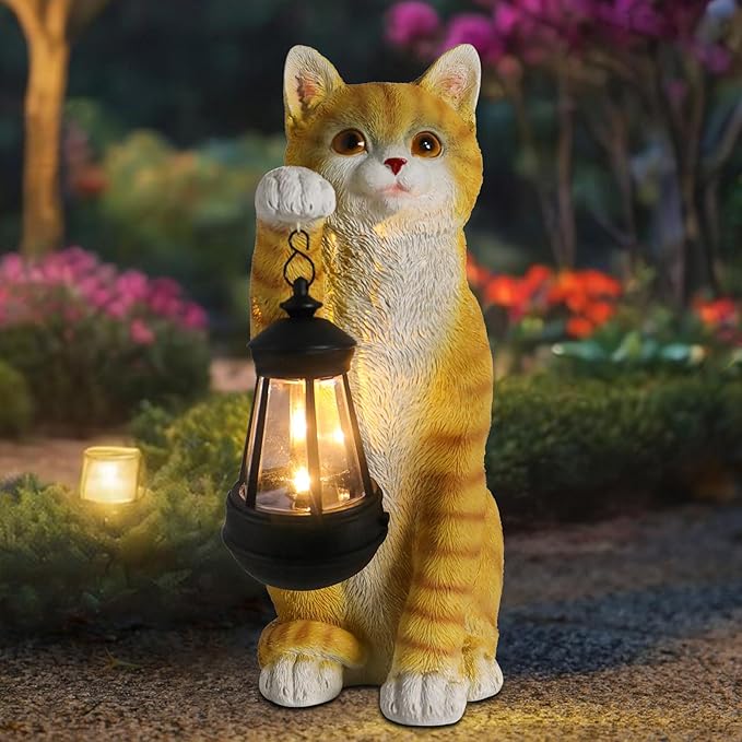 Solar Powered Outdoor Cat Garden Statue, Crafted Garden Sculptures & Statues for Patio, Yard, Lawn, Gardening Gifts for Women and Mom(11" Cat)-Ruum Studio Home