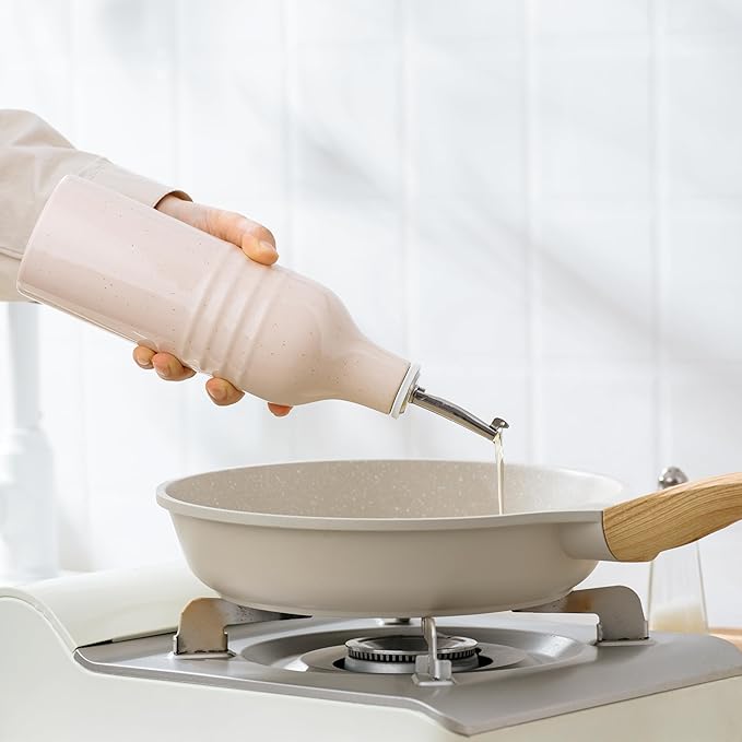famiware Jupiter 16oz Ceramic Olive Oil Dispenser Bottle, Olive Oil and Vinegar Dispenser Bottle Set of 2 with Stainless Steel Pourers, Suitable for Storage Vinegar, Liquids, Light Pink-Ruum Studio Home