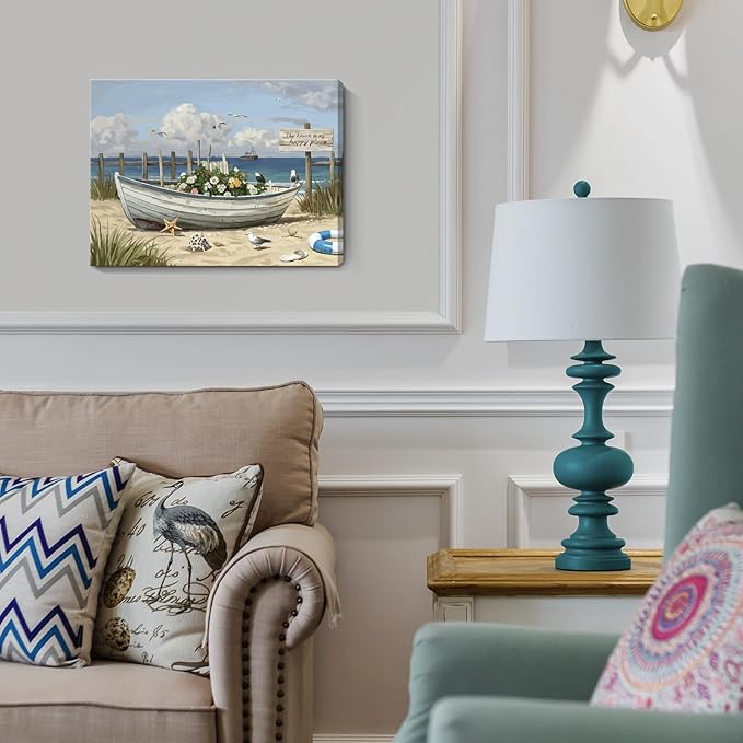 amatop Coastal Wall Art– Beach Scene Picture with Boat on Sandy Shore, Flowers and Sea Birds, Blue Ocean Seascape Themed Canvas Print Nautical Artwork for Bathroom and Bedroom Decor, Small 16x12 Inch-Ruum Studio Home