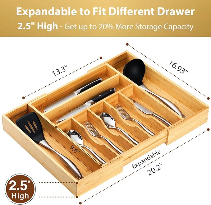 Umilife Large Expandable Kitchen Silverware Utensils Drawer Organizer, 2.5" Extra High Adjustable Drawer Divider with Curved Grooves, Bamboo Wood Cutlery Tray Flatware Holder-Ruum Studio Home