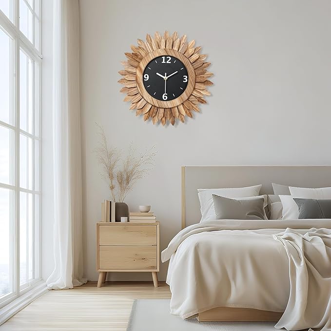 Honiway 14 Inch Wall Clock, Rustic Wood Boho Sunburst Decorative Wall Clocks Battery Operated Silent Non Ticking Farmhouse Small Wall Clocks for Living Room Kitchen Bedroom Home Decor (Rustic Brown)-Ruum Studio Home