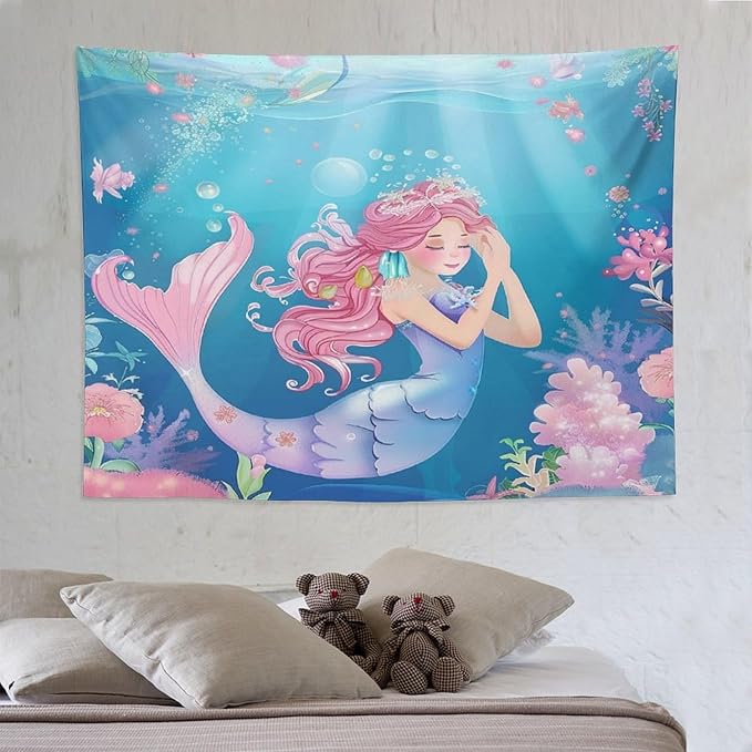 HZOHNAGO Mermaid Girls Tapestry Watercolor Flowers Mermaid Princess Blessing Pattern for Kids Room Decoration Printed Wall Tapestry Wall Hanging for Bedroom Living Room Dorm 80" W x 60" H-Ruum Studio Home
