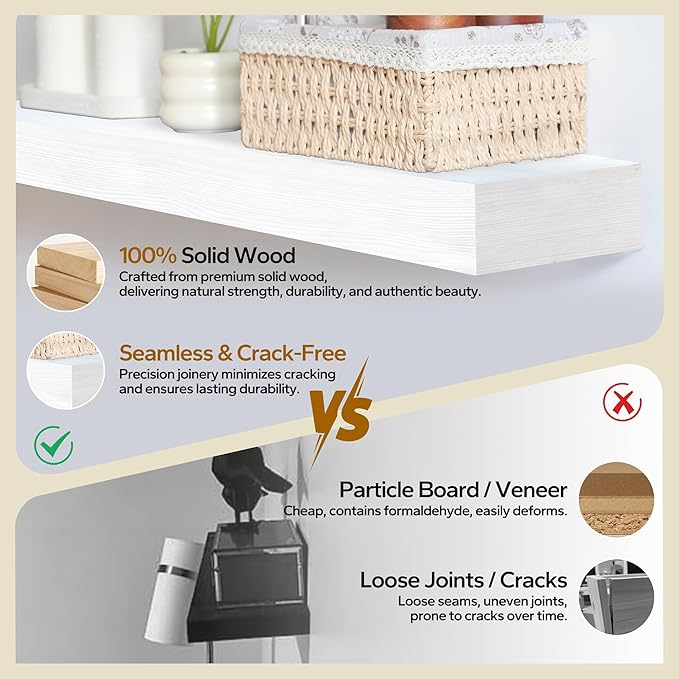 Floating Shelves 3 inch Thick for Wall Set of 2,Solid Pine Wood Wall Mount Shelf for Kitchen Living Room Bedroom Bathroom,8" D x 60" L x 3" H-White-Ruum Studio Home