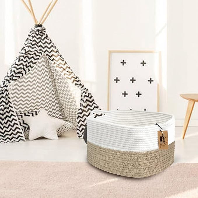 COMFY-HOMI Cotton Rope Woven Basket with Handles for Shelves,Toys,Book, Cloth Storage Baskets Bin for Organizing-13.5"x11"x9.5" Toy Decorative Organizer for Living Room, Bathroom-Light Brown-Ruum Studio Home