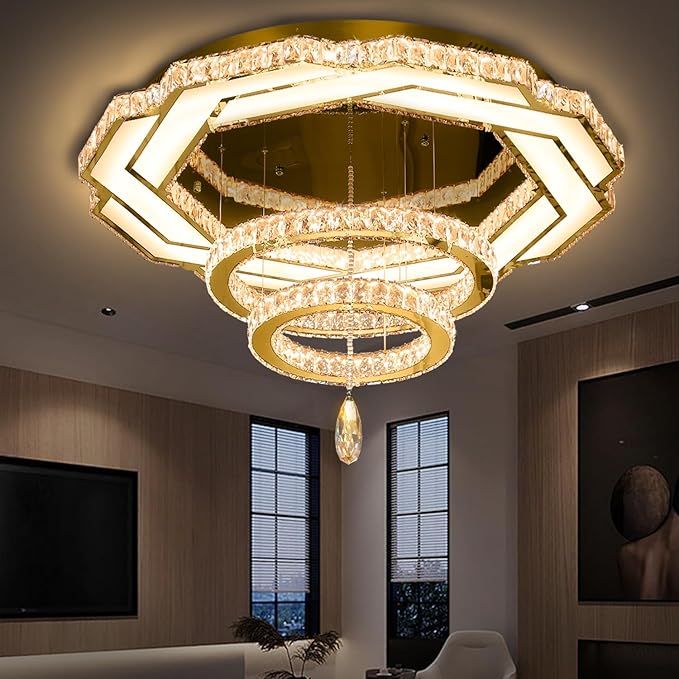 Flashing God Crystal Chandeliers Dia 32" Gold Chandelier Flush Mount Ceiling Light for Bedroom Living Room Dining Room Hallway Dimmable 3 Rings LED Celing Lighting Fixtures-Ruum Studio Home