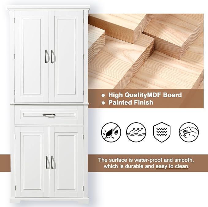 72.2" Tall Storage Cabinet with 4 Doors and Drawer, Freestanding Linen Cabinet, Wooden Pantry with Adjustable Shelf for Kitchen, Bathroom, Living Room White-Ruum Studio Home