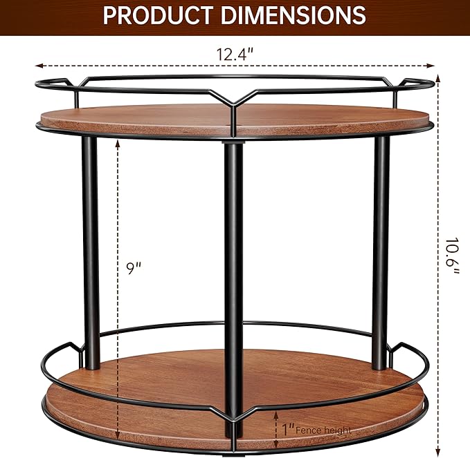 12.4" Lazy Susan Organizer 2 Tier - Rotating Spice Rack, Wooden Spinning Spice Holder for Inside Cabinet, Pantry, Kitchen, Countertop, Bathroom and Vanity, Versatile Storage-Ruum Studio Home