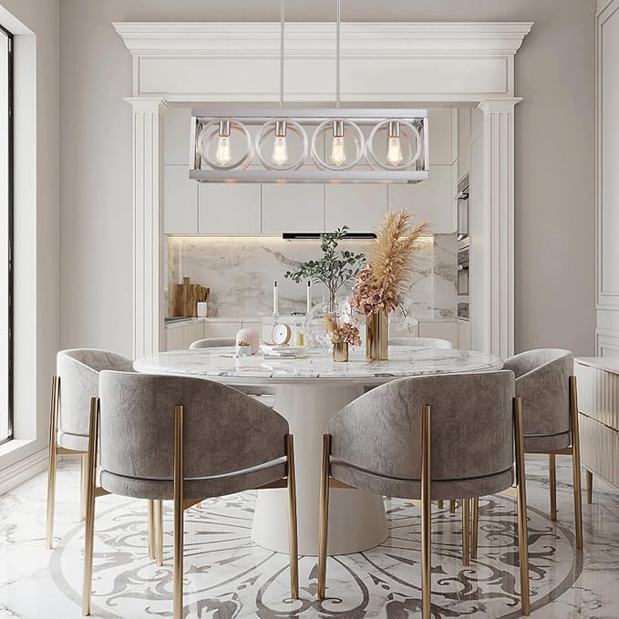 XINGQI Linear Chandelier Brushed Nickel Kitchen Island Light Fixtures 31.5" Rectangle Dining Room Chandeliers, Farmhouse Hanging Large 4-Light Rustic Metal Living Room Office Pendant Lighting-Ruum Studio Home