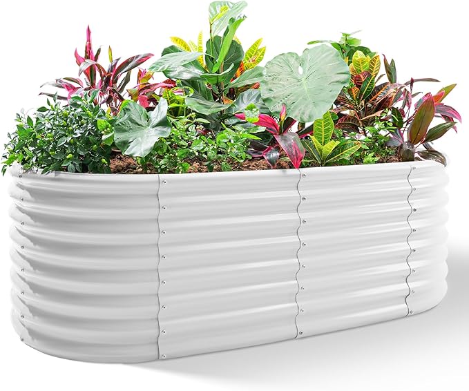 Land Guard 24“ Tall 4×2ft Galvanized Raised Garden Bed Kit, Galvanized Planter Garden Boxes Outdoor, Oval Large Metal Raised Garden Bed for Vegetables(Pearl White, 4×2×2ft)-Ruum Studio Home