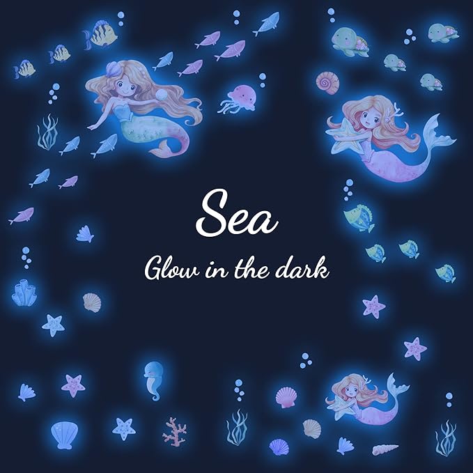 Glow in The Dark Stars Mermaid Wall Decals, Turtle Ocean Fish Stickers for Ceiling, DIY Wall Decor for Nursery Playroom Living Room, Birthday Christmas Gift-Ruum Studio Home