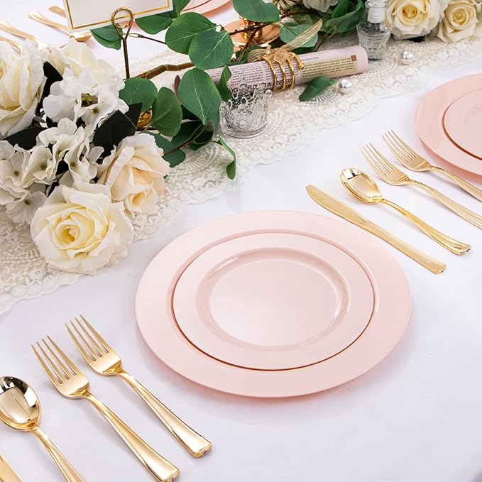 FLOWERCAT 60PCS Pink Plastic Plates - Heavy Duty Pink Plates Disposable for Party/Mother's Day/Wedding - serving 30 guests Include 30PCS 10.25inch & 30PCS 7.5inch-Ruum Studio Home