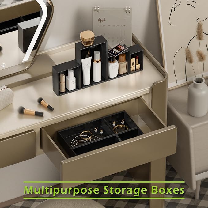 Bathroom Drawer Organizer Trays, Bamboo Drawer Organizer Kitchen Utensils Silverware Organizer, 8 PCS Wood Box Stackable Bins for Makeup, Office Desk, Junk Drawer (Black)-Ruum Studio Home