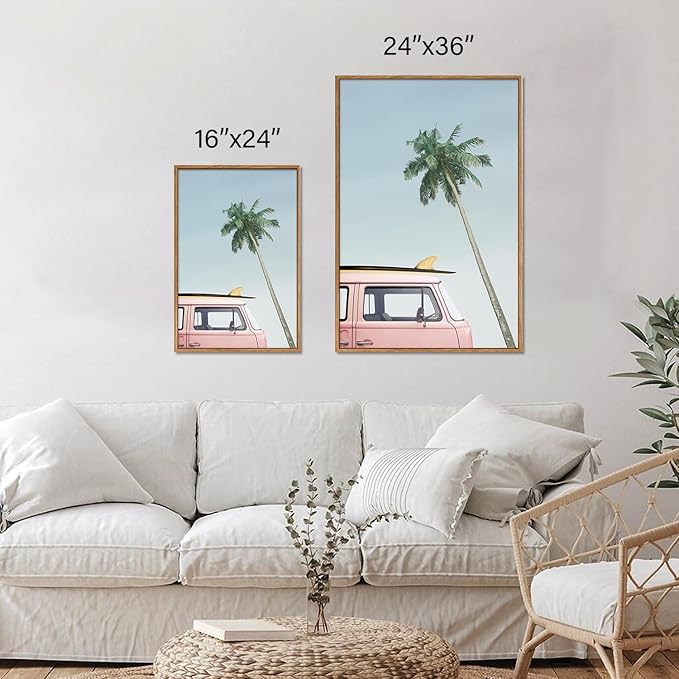 Tinonedraw Large Ocean Beach Framed Canvas Wall Art, Summer Coastal Surfboard Wall Decor, Palm Tree Pink Car Artwork, Modern Surfing Seascape Art Prints for Living Room Bedroom Office 24"x36"x3-Ruum Studio Home
