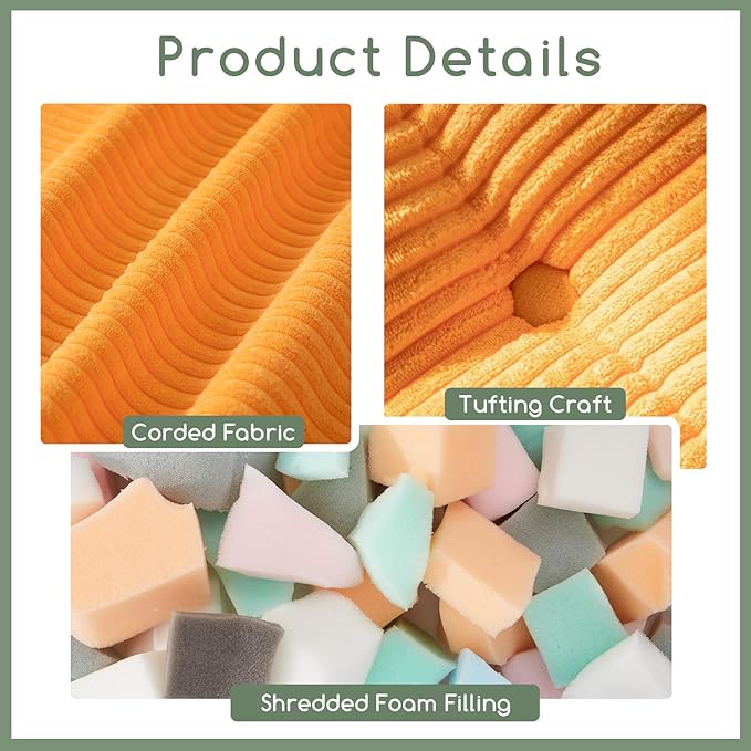 HIGOGOGO Square Stuffed Pouf Ottoman, Corduroy Poufs with Foam Chunk Filling, Furry and Fluffy Pouf Foot Stool Storage Ottoman, 25.6 X 25.6 Floor Poufs Foot Rest for Living Room, Orange-Ruum Studio Home