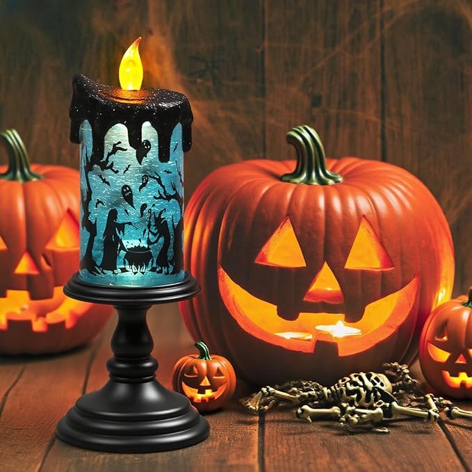 Eldnacele Halloween Snow Globe Flameless Candle with Timer, Battery Operated Spooky Spinning Water Glittering Tornado Lamp LED Candlestick Table Fireplace Witch Decal Halloween Holiday Decoration-Ruum Studio Home