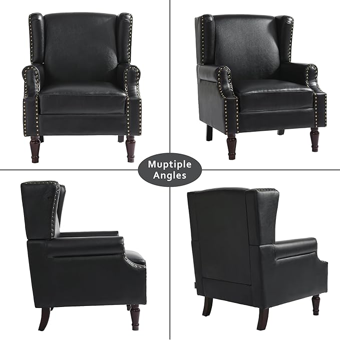 Accent Chair, Faux Leather High Back Armchair or Living Room, Comfy Upholstered Single Sofa Reading Chair with Solid Wood Legs for Office, Bedroom, Waiting Room-Black-Ruum Studio Home