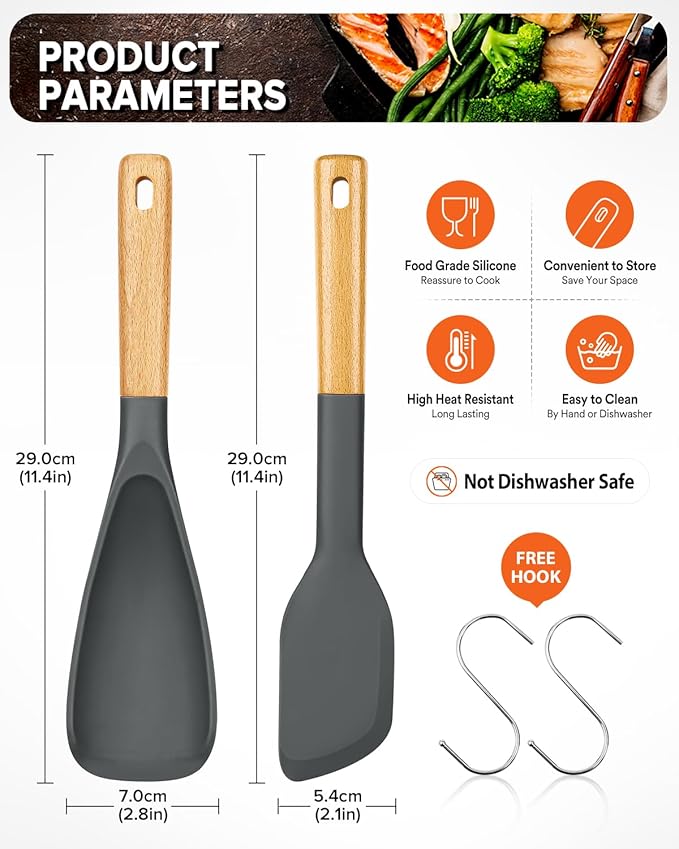 Cooking Spoon and Scraper for Nonstick Cookwares, Great for Cooking and Serving Durable BPA-Free Matte Silicone, Wood Handle Multifunction Spoon for Mixing, Scoop, and Scrape (GREY)-Ruum Studio Home