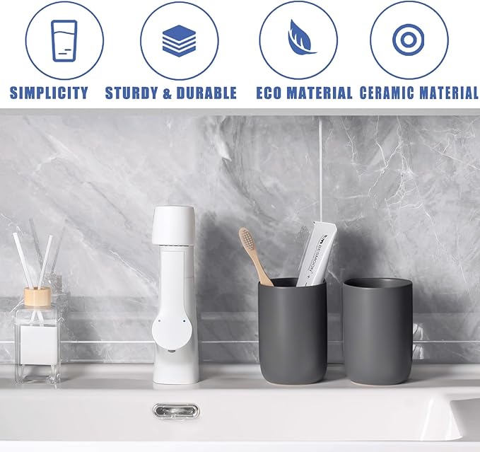 Matte Grey Toothbrush Holders - Ceramic Toothpaste Holders Set, Reusable Toothbrush Cup, Bathroom Counter Organizer-Ruum Studio Home