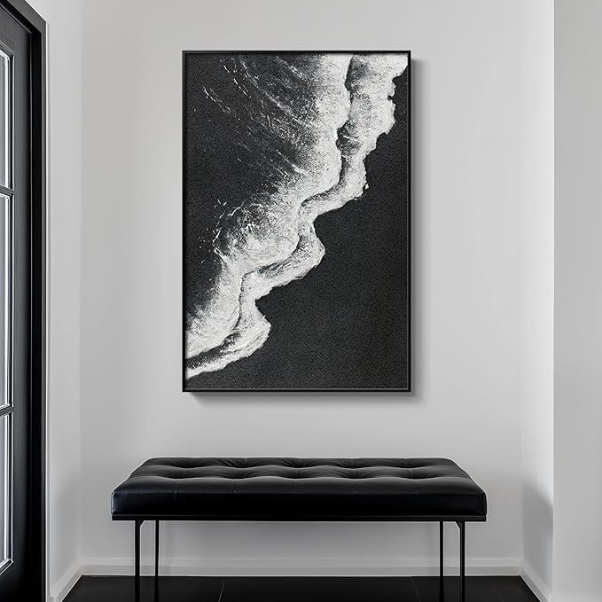 Framed Black and White Abstract Beach Canvas Wall Art, Modern Minimalist Art Prints Paintings Artwork for Walls, Ocean Wave Pictures for Living Room Dining Room Bedroom Bathroom Wall Decor 24x36 In-Ruum Studio Home