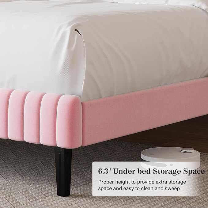 Full Size Bed Frame with Headboard, Velvet Upholstered Platform Bed with Vertical Channel Tufted Design, No Box Spring Required, Easy Assembly, Pink-Ruum Studio Home