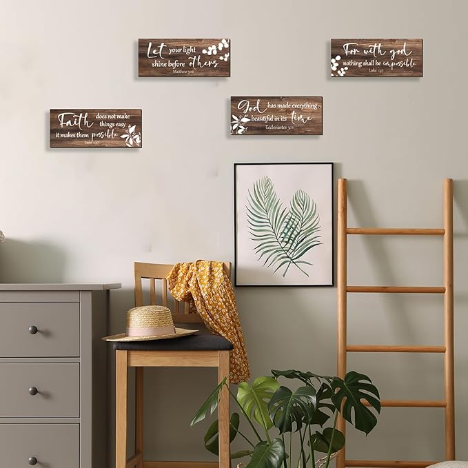 FENCORDAR 4 Pieces Brown Wall Decor Bible Verses Bathroom Decor Wooden Farmhouse Office Christian Wall Art Religious Art for Women Office Home Bedroom Living Room Decor(Brown 10x4)-Ruum Studio Home