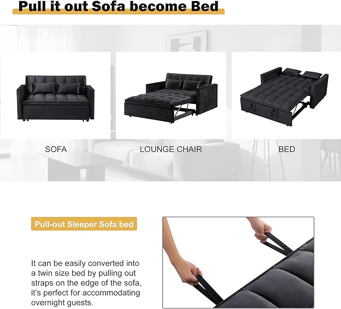 3 in 1 Convertible Sleeper Sofa Bed, Velvet Pull Out Sofas Beds with Side Pocket, 54” Adjustable Backrest Futon Sofa Bed, Love Seat Sleepers Couch for Living Room, Bedroom, Small Space, Black-Ruum Studio Home