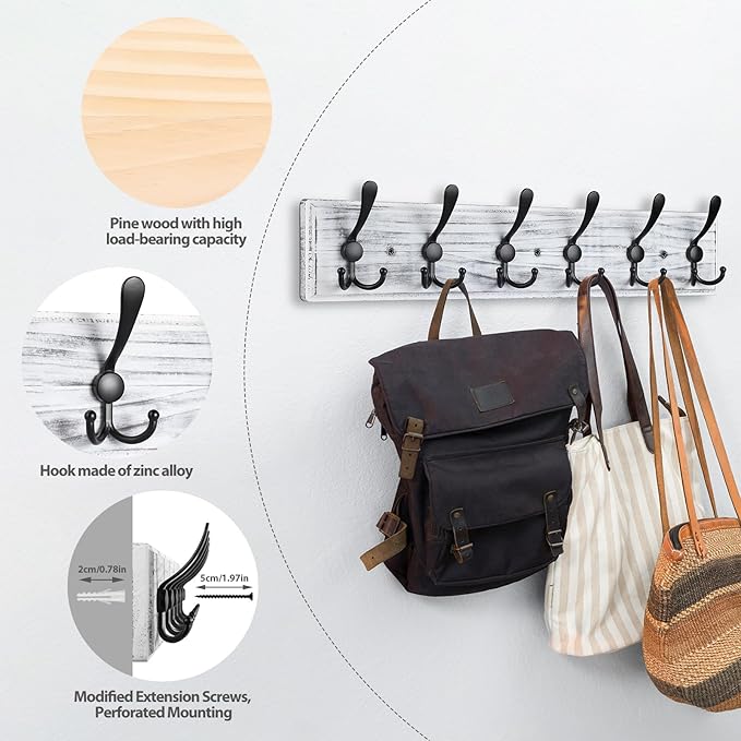 Coat Rack Wall Mount, Wooden Heavy Duty Coat Rack for Wall,6 Triple Coat Hanger Hooks for Hanging Coats,Jacket,Hat,Clothes (Grey White, 6 Hooks)-Ruum Studio Home