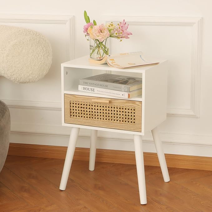 MaxSmeo White Nightstand with Drawer, Mid Century Modern Nightstand, Rattan Side Table, End Table with Storage for Living Room, Bedroom and Small Spaces, Easy Assembly (White)-Ruum Studio Home