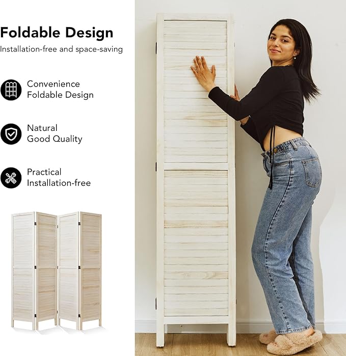 White Room Divider, Temporary Wall with Double Hinges, 5.6 Ft Tall Folding Louver Wood Screen for Home Office Bedroom Hotel Decoration (4 Panels, White-Washed)-Ruum Studio Home