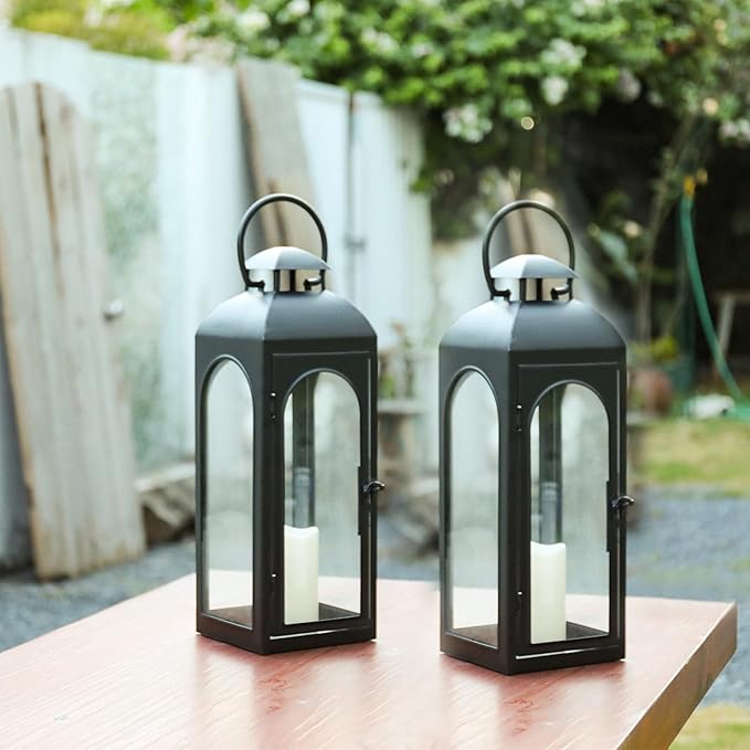 Bdor 2 Pack 20 Inches Metal and Tempered Glass Decorative Lantern with Electronic Wax Effect - Indoor/Outdoor Decorative Lighting, Handcrafted Aesthetic, Perfect for Home, Parties, and Holiday Decor-Ruum Studio Home