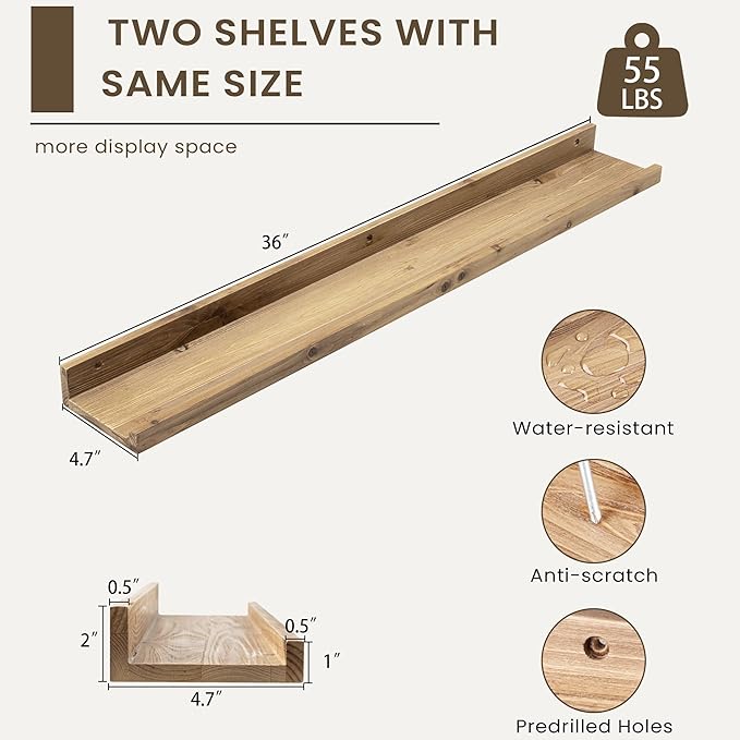 Floating Shelves for Wall, Picture Ledge Shelf 36 Inch Solid Wood Set of 2, Rustic Wall Shelves with Lip, Kids Bookshelf, Photo & Picture Live Edge Floating Shelves for Bedroom, Living Room, Kitchen-Ruum Studio Home