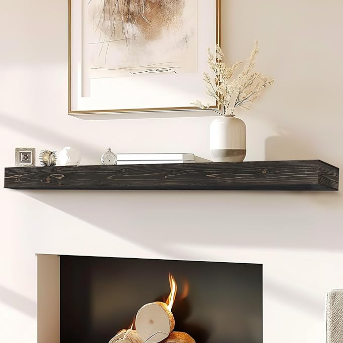 72x8x3 Fireplace Mantel - Handcrafted Hollow Rustic Solid Wood Wall Mounted Floating Shelf with Invisible Heavy Duty Wood Bracket (Weathered Black)-Ruum Studio Home
