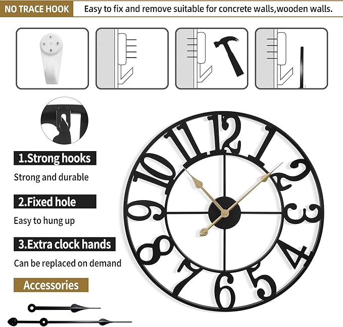 Large Wall Clock for Living Room Decor - 47cm/ 18 Inches Silent Non-Ticking Metal Wall Clocks Battery Operated, Vintage Decorative Modern Wall Clock for Bedroom, Office, Farmhouse Decor-Ruum Studio Home