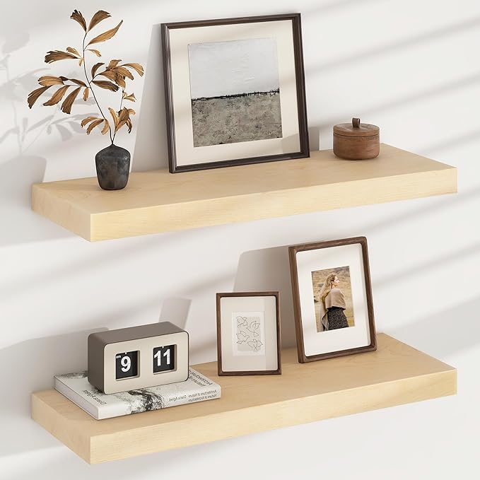 Floating Shelves for Wall, USA-Sourced Maple Wood 24 Inch Wall Shelves Set of 2, Natural Wooden Mounted Picture Ledge Shelf, Nursery Book Storage Shelf Kids Bookshelf, Display Shelf for Bathroom-Ruum Studio Home