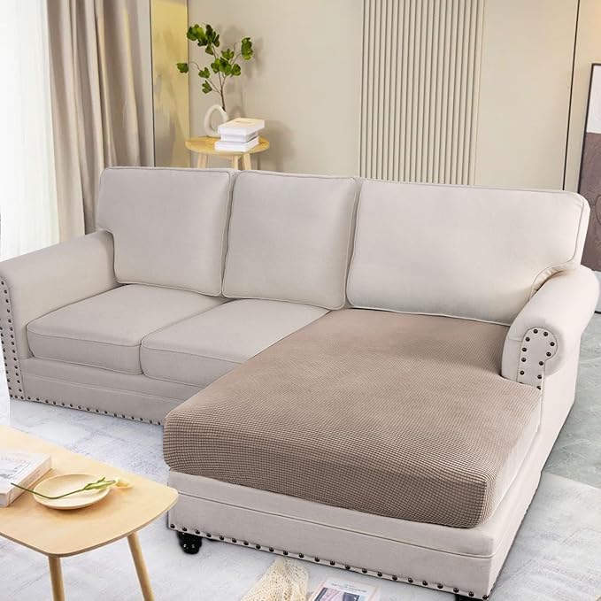 H.VERSAILTEX Super Stretch Individual Chaise Cover Sectional Couch Covers for L Shaped Sofa Both Left/Right Featuring Thick Jacquard Textured Twill Fabric (1 Piece Chaise Cover Large, Sand)-Ruum Studio Home