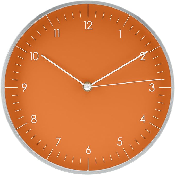 LUUK LIFESTYLE Silent Quartz Wall Clock, Modern and Minimalist Design, Without Ticking, 10” Kitchen Clock, for Living Room, Bedroom, Housewarming Gift, Orange and Silver-Ruum Studio Home
