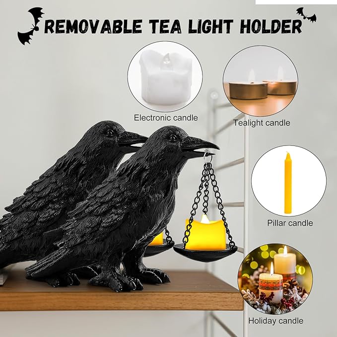 Raven Gothic Home Decor Fake Crow Light Holder Raven Lamp Tealight Candle Holder Resin Raven Statue 2PCS-Ruum Studio Home