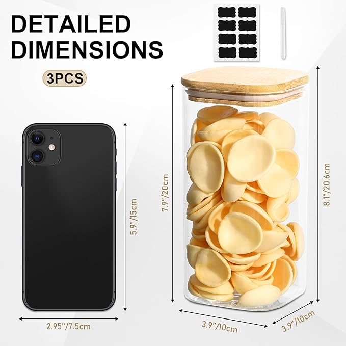Glass Food Storage Jars with Lids(50oz)Square Set of 3 ,Glass Storage Containers Clear Glass Food Canister with Bamboo Lid Airtight For Serving Tea, Coffee Beans, Flour,Cookie, Cereal,Spice and More-Ruum Studio Home