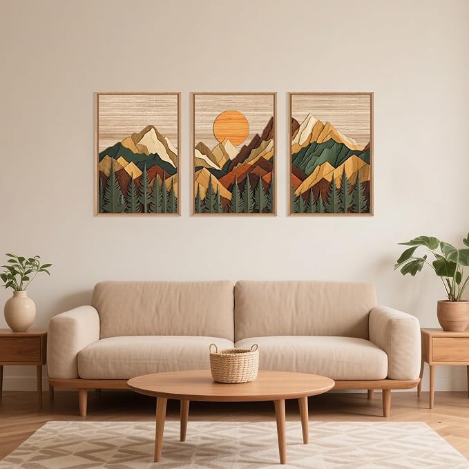 Celestdeco Woodcut Style Mountain Framed Canvas Wall Art Set, Large Brown Ridge Wall Decor, Boho Pine Tree Wall Painting, Abstract Wooden Art Print for Living Room, Bedroom, Office - 24"X36"X3(Not-3D Effect)-Ruum Studio Home