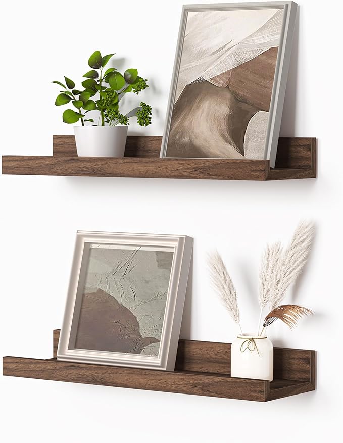 Heimlove Picture Ledge Shelf, Small Floating Shelves Set of 2, 16 Inches Picture Shelf for Wall with Ledge, Kids Bookshelf Wall Mounted for Living Room Bedroom Decor Books Photo Frames, Walnut-Ruum Studio Home
