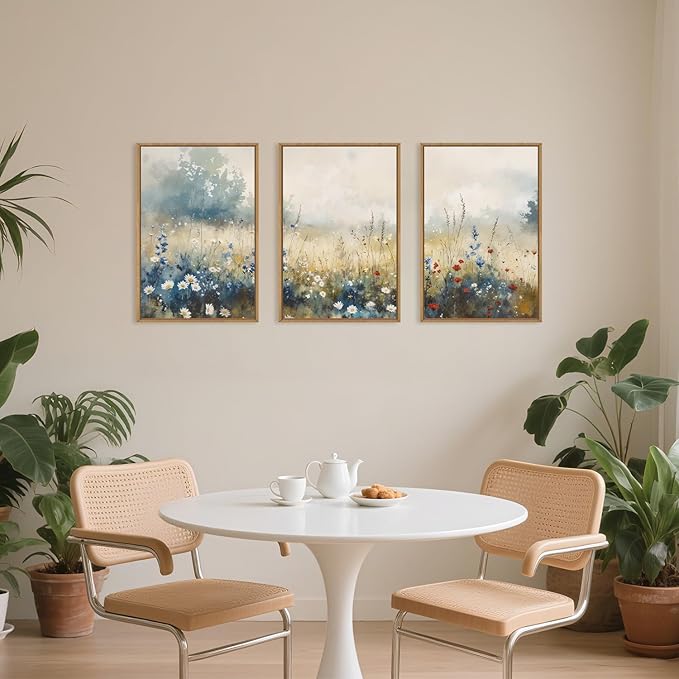 Celestdeco Nature Wildflower Framed Canvas Wall Art Set, Pastoral Landscape Wall Decor, Colorful Meadow Wall Painting, Rustic Floral Art Print for Living Room, Bedroom, Office - 24"X36"X3-Ruum Studio Home