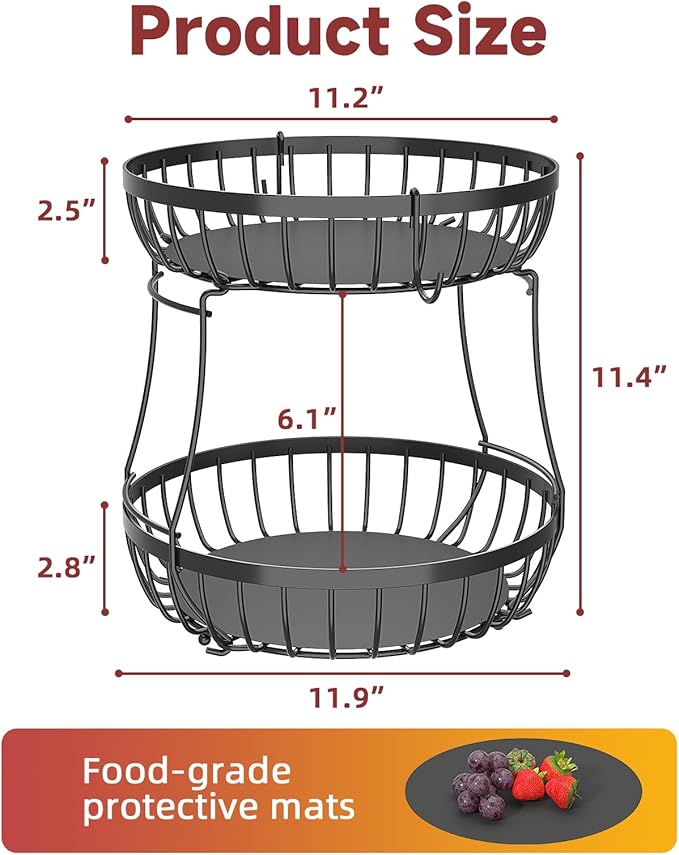 2 Tier Fruit Basket for Kitchen Counter with 2 Banana Hangers, 2025 Pro Detachable Metal Fruit Bowl with Wooden Handle,Fruit Holder for Bread Snack Veggies, Black Extra Large-Ruum Studio Home