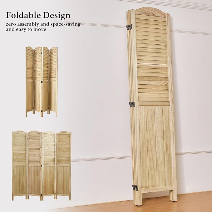Room Partitions and Dividers, 68.9 Inch Temporary Wall with Double Hinges, Wooden Louver & MDF Stable Screens for Home Office Bedroom Coffeehouse Decoration (4 Panels, Wood Color)-Ruum Studio Home