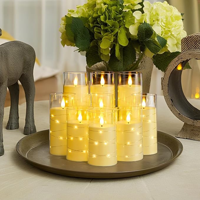 Homemory 9 Pcs Flameless Candles with Embedded Star String Fairy Lights, Battery Operated Candles, LED Candle, Fake Candles with Remote Control and Timer (Ivory)