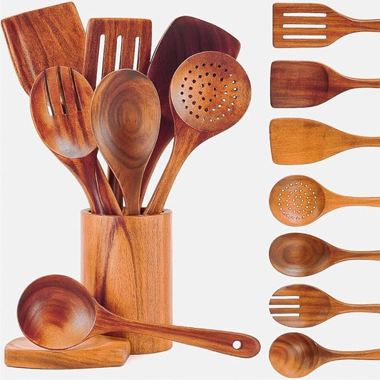 Riveira's 9-Piece Dark Brown Kitchen Essentials Wooden Cooking Utensils Set - Complete Kitchen Utensils Set for Gourmet Results-Ruum Studio Home
