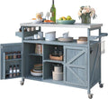 Outdoor Kitchen Island, Rolling Bar Cart & Storage Cabinet, Farmhouse Solid Wood Outdoor Grill Table with Stainless Steel Top, Spice Rack, Towel Rack for Kitchen & BBQ, Grey Blue-Ruum Studio Home