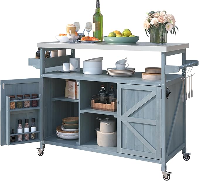 Outdoor Kitchen Island, Rolling Bar Cart & Storage Cabinet, Farmhouse Solid Wood Outdoor Grill Table with Stainless Steel Top, Spice Rack, Towel Rack for Kitchen & BBQ, Grey Blue-Ruum Studio Home