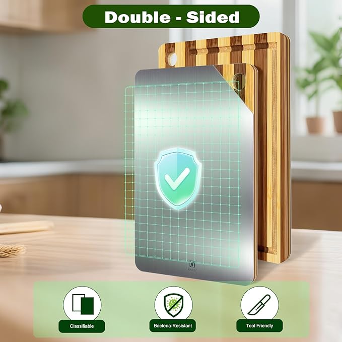 Titanium Cutting Board for Kitchen, Cutting Board Double Sided Food Grade, Pure Titanium and Natural Bamboo, with Deep Juice Grooves, Large Size 15.6”×11”-Ruum Studio Home