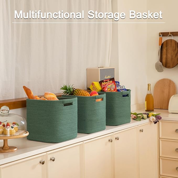 OIAHOMY Storage Cubes 11 Inch Storage Bins-3 Pack, Cotton Rope Woven Baskets for Organizing, Square Baskets for Shelves Organizer, Classroom, Toy Basket, Green-Ruum Studio Home