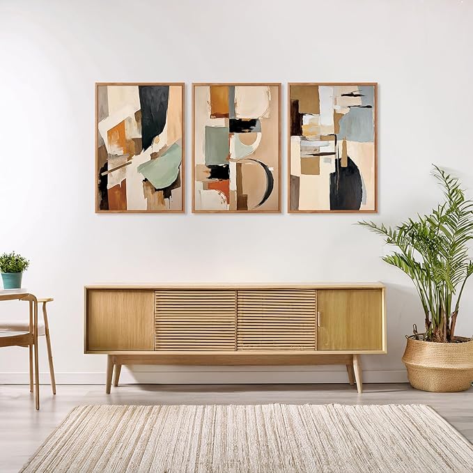 Aurlan Neutral Japandi Wabi Sabi Hand Painted Wall Art(16"x24"), 3PCS Abstract Modern Minimalist 3D Textured Canvas Artwork, Large Contemporary Terracotta Brush Strokes Decor Prints for Office Bedroom-Ruum Studio Home